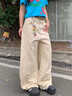 DALEY MODE直筒牛仔褲女加長(cháng)版美式復古星星字母寬松顯瘦彎刀闊腿拖地褲女 卡其色【長(cháng)褲】 建議165cm以下穿 S 建議80-95斤 曬單實(shí)拍圖