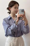 羅蒙法式時(shí)尚長(cháng)袖設計襯衫藍色條紋新款蕾絲假兩件氣質(zhì)休閑襯衣 藍色條紋 花邊領(lǐng) M 96-105斤 曬單實(shí)拍圖