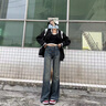 小野七天褲子女復古藍毛邊微喇牛仔褲微胖大碼女裝秋款高腰顯瘦百搭牛仔褲 普魯士藍 M 曬單實(shí)拍圖