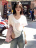 浪莎白色短袖t恤女夏季2025新款寬松薄款大V領(lǐng)休閑百搭顯瘦慵懶風(fēng)上衣 曬單實(shí)拍圖