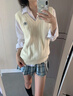彌柯菲日系制服感慵懶針織毛衣女秋冬新款休閑寬松百搭馬甲背心套頭上衣 白色 M 曬單實(shí)拍圖
