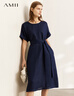 AMII女裝2025小清新配腰帶長(cháng)款連衣裙新款亞麻 藏藍 S 曬單實(shí)拍圖