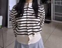 Olrain【5折】條紋長(cháng)袖針織衫女春裝新款寬松時(shí)尚通勤開(kāi)衫 條紋 S 曬單實(shí)拍圖