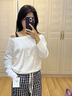 純欲一字肩露鎖骨斜肩長(cháng)袖T恤女早秋寬松松弛感穿搭白色露肩上衣 白色 S 【110斤以下】 曬單實(shí)拍圖