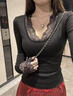 梵米興2025秋冬季新款V領(lǐng)內搭蕾絲上衣辣妹純欲風(fēng)打底衫女修身百搭顯瘦 黑色 M 建議100-110 曬單實(shí)拍圖