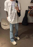 瀟圖達(dá)人韓系牛仔褲男春秋美式高街vibe微喇褲子cleanfit修身顯瘦直筒褲 淺藍(lán)色 XL 曬單實(shí)拍圖