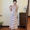 伊芙麗V領(lǐng)高腰線(xiàn)設計長(cháng)款碎花連衣裙女2025夏季新款氣質(zhì)茶歇裙子 米白 S 曬單實(shí)拍圖