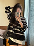 佐敘黑白條紋圓領(lǐng)衛衣女秋冬2025新款寬松顯瘦休閑百搭慵懶風(fēng)外套上衣 黑白條紋 M （80-100斤） 曬單實(shí)拍圖