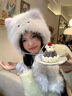 趣木也小貓尾巴帽子可愛(ài)貓咪耳朵護耳毛絨帽保暖帽出游拍照女冬 白色貓咪【帽子帶球球】 曬單實(shí)拍圖