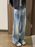 牧唯美式cleanfit牛仔褲夏秋男款潮高街vibe風(fēng)褲子復古直筒微喇長(cháng)褲子 藍色 高品質(zhì) XL [建議135-145斤] 曬單實(shí)拍圖