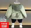 男童春款外套上新女童韓版時尚洋氣可愛小熊滿印連帽風衣長袖上衣 踮腳龍外套軍綠色 110 曬單實拍圖