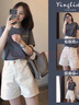 妍莉芬（yanlifen）夏裝女裝2025新款穿搭衣服顯瘦時(shí)尚港風(fēng)復(fù)古甜美上衣短褲兩件套裝 灰色T恤+米白短褲套裝 XL【建議120-140斤】 曬單實(shí)拍圖