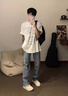 瀟圖達(dá)人韓系牛仔褲男春秋美式高街vibe微喇褲子cleanfit修身顯瘦直筒褲 淺藍(lán)色 XL 曬單實(shí)拍圖