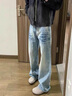 牧唯美式cleanfit牛仔褲夏秋男款潮高街vibe風(fēng)褲子復古直筒微喇長(cháng)褲子 藍色 高品質(zhì) XL [建議135-145斤] 曬單實(shí)拍圖