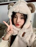 恒源祥圍巾帽子毛絨小熊一體女款2025新款秋冬季手套連帽圍脖騎行三件套 米色[小熊] 頭圍5460cm 曬單實(shí)拍圖