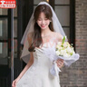 嵐束（LANSHU）頭紗新娘主婚紗結婚領(lǐng)證求婚訂婚超仙高級感蓬蓬頭飾影樓拍照道具 素紗珍珠頭紗70cm【發(fā)梳款】 曬單實(shí)拍圖