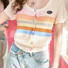 妖精的口袋彩虹條紋冰絲短袖針織衫女24夏新款多巴胺開(kāi)衫甜美上衣 繽紛米白彩條 S 曬單實(shí)拍圖