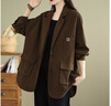 蘑菇同學(xué)文藝斜紋休閑西裝外套女春秋中長(cháng)款寬松顯瘦大碼工裝西服開(kāi)衫上衣 咖色 L 建議100-140斤 曬單實(shí)拍圖