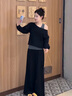 韓璐嬌（hanlujiao）衛衣女裝春秋季2025新款減齡斜肩假兩件衛衣輕熟風(fēng)闊腿褲兩件套裝 黑色 M 曬單實(shí)拍圖