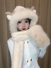 唐獅（TonLion）帽子女可愛(ài)毛絨冬季帽子圍巾一體圍脖帽子圍巾手套三件套連帽百搭 米色 曬單實(shí)拍圖