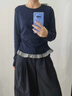 藏青色蝴蝶結(jié)格子拼接下擺長(zhǎng)袖T恤女2025秋冬褶皺修身打底衫上衣 藏青色 M 曬單實(shí)拍圖