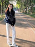 鹿依檸休閑褲女裝套裝2025秋冬新款時(shí)尚復古港風(fēng)鹽系輕熟風(fēng)顯瘦闊腿褲子 條紋毛衣+白色褲子 M 曬單實(shí)拍圖