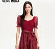VEROMODA連衣裙女2025春季新款泡泡袖蝴蝶結(jié)系帶網(wǎng)紗拼接甜美325161026 澳木紅色 L 曬單實(shí)拍圖