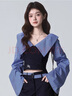 邦帛世美式拼接兩件套女2025秋季新款一字肩長(cháng)袖襯衫+寬松闊腿休閑長(cháng)褲 美式藍+黑拼接兩件套 M 適合（101-115） 曬單實(shí)拍圖