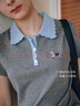 Olrain歐芮兒撞色波浪邊polo領(lǐng)設計感T恤女夏季2025新款短袖上衣 灰色 S 曬單實(shí)拍圖