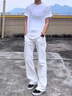 燦圖白色窄版微喇牛仔褲男春秋季美式高街vibe褲子修身顯高顯瘦微喇褲 白色 XL 曬單實拍圖