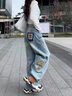 COLORFUL GEMS復(fù)古彎刀闊腿牛仔褲女夏秋大碼胖mm刺繡時(shí)尚設(shè)計(jì)米奇香蕉褲水洗藍(lán)【高品質(zhì)】M 建議90-100斤 腰圍68 曬單實(shí)拍圖