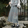 森女部落千里江山牛仔系列 原創(chuàng  )新中式古風(fēng)高腰水洗磨白半身裙 藍色半裙（單件） (單件) M 曬單實(shí)拍圖