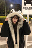 鹿依檸羽絨棉服女冬季2025新款韓版時(shí)尚座山雕貓耳朵連帽毛領(lǐng)加厚棉衣女 黑色 M 曬單實(shí)拍圖