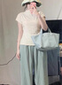 婧麒（JOYNCLEON）孕婦褲2025新款山本闊腿褲外穿不勒肚子休閑長(cháng)褲春秋薄款直筒褲 淺綠色 L 曬單實(shí)拍圖