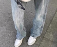 迪伽達冰藍色閃電紋牛仔褲男秋季美式高街微喇直筒褲cleanfit彎刀褲子男 GXFS-N33藍色 常規 L 【建議110--135斤】 曬單實(shí)拍圖