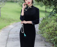 秋冬款復古改良旗袍少女款絲絨中袖長(cháng)裙優(yōu)雅氣質(zhì)禮服開(kāi)叉連衣裙 黑色 L （105-115斤） 曬單實(shí)拍圖