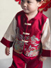 班喜迪男童漢服套裝秋裝寶寶周歲禮服嬰兒中式唐裝秋冬國風(fēng)兒童喜慶衣服 紅色 90 曬單實(shí)拍圖