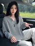 卡圖弛小香風(fēng)v領(lǐng)長(zhǎng)袖t恤男秋季慵懶松弛感寬松上衣黑白條紋衛(wèi)衣打底衫 白色 XL 曬單實(shí)拍圖