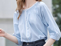 百圖betu女裝2025夏季新款襯衫撞色花邊打攬100%棉七分袖上衣2507T64 藍色 S 曬單實(shí)拍圖