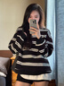 佐敘黑白條紋圓領(lǐng)衛衣女秋冬2025新款寬松顯瘦休閑百搭慵懶風(fēng)外套上衣 黑白條紋 M （80-100斤） 曬單實(shí)拍圖