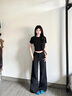 茯見(jiàn)小個(gè)子正肩短袖T恤女純色短款露臍棉2025夏季新款復古百搭上衣女 黑色 S 曬單實(shí)拍圖