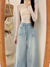 唐思薇闊腿牛仔褲裙女2025年夏季新款韓版高腰顯瘦設計感淺色大喇叭褲 淺藍色 2XL 【建議125140斤】 曬單實(shí)拍圖
