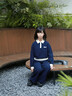 英氏（YEEHOO）女童套裝兒童衣服春秋新款長(zhǎng)袖衛(wèi)衣褲子休閑學(xué)院風(fēng)中大童裝兩件套 云朵華夫-深藍(lán)【棉彈·兩件套】 150 cm【順豐包郵 · 極速達(dá)】 曬單實(shí)拍圖
