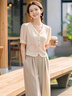 莉紗芙特2025年春天夏季最新款闊腿休閑褲女士兩件套裝直筒運(yùn)動(dòng)長褲子衣服 襯衫+褲子 L 108-118斤 曬單實(shí)拍圖