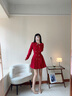 晨芙職業(yè)西裝連衣裙女時(shí)尚高腰雙排扣小個(gè)子氣質(zhì)女神范百褶裙通勤工裝 紅色 S 建議80-90斤 曬單實(shí)拍圖