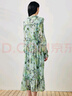 科蒙博卡2025春夏桑蠶絲新款清新印花連衣裙女長(zhǎng)袖高腰真絲裙子 綠花 XL 曬單實(shí)拍圖
