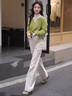 妍莉芬（yanlifen）秋季搭配一整套2025針織開(kāi)衫牛仔闊腿褲兩件套時(shí)尚洋氣套裝女秋冬 綠色上衣+米白褲子套裝 S (85-100) 曬單實(shí)拍圖