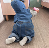 寶寶牛仔外穿春秋兒童女童連體洋氣連體衣韓版背帶褲小童無(wú)袖褲子 寶藍色 帶帽連體牛仔背帶褲 90 （22-28斤) 曬單實(shí)拍圖