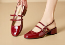 大東后空涼鞋女鞋2025春季新款少女氣質(zhì)套腳粗跟中跟約會(huì )1018/1016 紅色 1016 36 曬單實(shí)拍圖