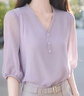 恒源祥紫色v領(lǐng)襯衫女夏季氣質(zhì)雪紡衫寬松氣質(zhì)感中袖高端七分袖上衣 紫色 L 110-120斤 曬單實(shí)拍圖